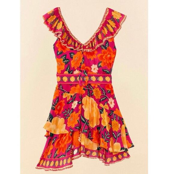 FARM Rio Dresses & Skirts - FARM RIO Pink Flowers Tapestry V-Neck Mini Dress Sz S